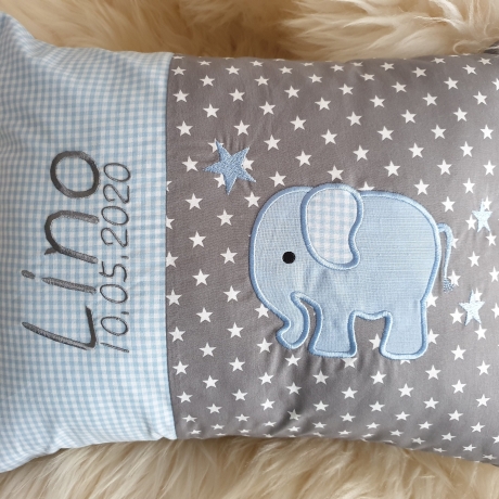 Kissen Elefant hellblau graue Sterne & Wunschnamen 833