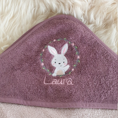 Babybadetuch Kapuzenhandtuch Hase mauve & Wunschname W334