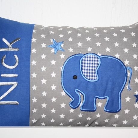 Kissen Elefant uni royal Sterne grau & Wunschnamen W1425