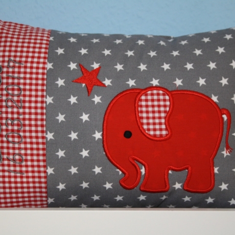 Kissen Elefant Karo rot Sterne grau & Wunschnamen W917