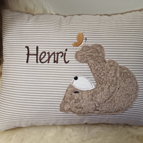 Kissen Bär Teddy Schmetterling beige Streifen & Wunschnamen W716