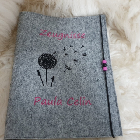 Zeugnismappe Pusteblume schwarz pink Wollfilz mit Namen W107