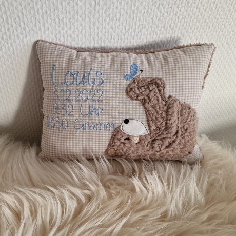 Kissen Bär Teddy Schmetterling beige Karo 3 & Wunschnamen W719