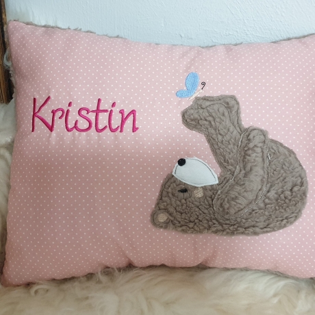 Kissen Bär Teddy Schmetterling rosa Punkte & Wunschnamen W786