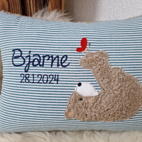 Kissen Bär Teddy Schmetterling Streifen petrol & Namen W1040