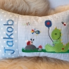 Kissen Dino Sterne hellblau Karo hellblau & Wunschnamen W1032