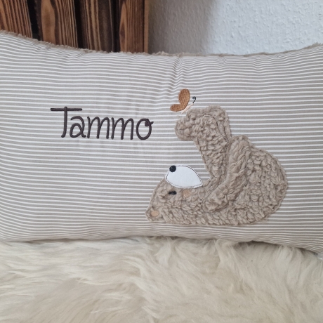 Kissen Bär Teddy Schmetterling beige Streifen & Wunschnamen W716