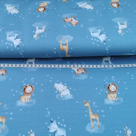 French Terry Stoff blau mit Giraffe, Löwe, Zebra, Nashorn und Elefant | Fräulein von Julie
