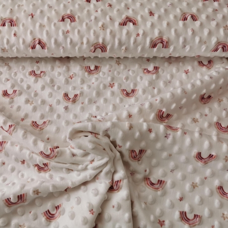 Minky Fleece Stoff weiß mit Regenbögen und Sternen