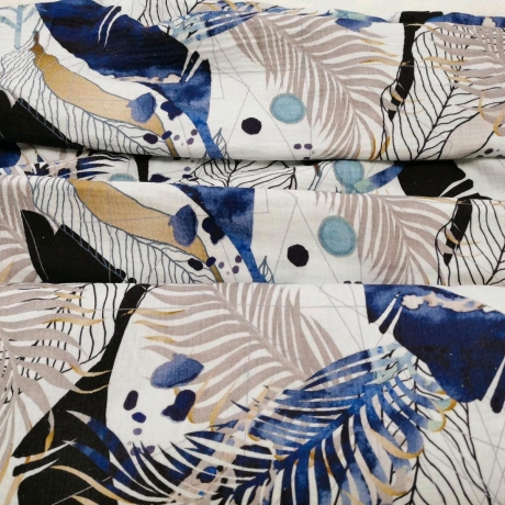 Baumwoll Musselin Stoff  Indigo Leaves blaue, goldene Wedel und Blätter auf weiß