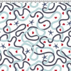 Baumwolljersey Stoff Schiffstaue weiß mit roten Herzen und blauen Seesternen