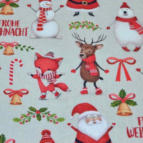 Deko Canvas naturfarben Vorfreude (Xmasparty / Weihnachtsfeier) mit Rentieren, Füchsen, Eisbären, Schneemännern und Weihnachtsmännern