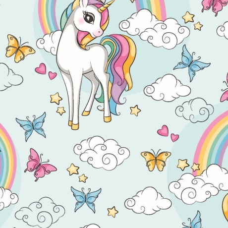 Baumwolljersey Stoff  Digital Druck Einhorn Blumen Regenbogen Wolken Schmetterlinge | by Herzberührt | Neue Kollektion 2024