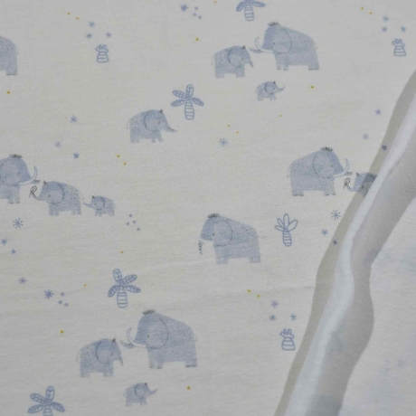 Jersey Stoff Dina Mammute / Elefanten mit Palmen blau weiß
