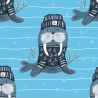 Baumwolljersey Druck Walross mit maritimer Mütze auf blauem Hintergrund mit dezenten weißen Streifen | Fräulein von Julie