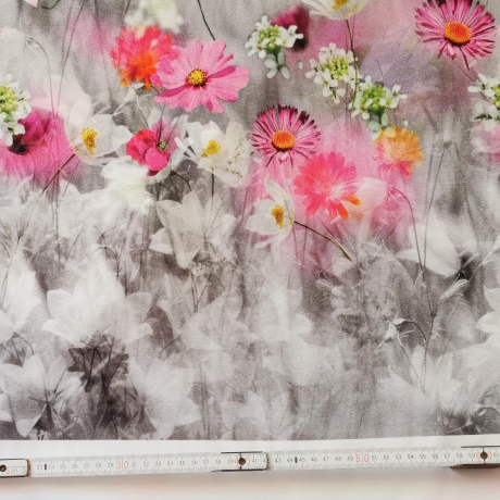 Viskosejersey Stoff Panel Blumenwiese rosa, orange, graustufen ca. 75cm lang