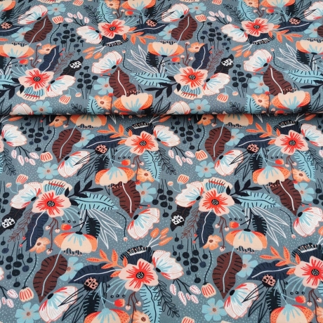 Baumwolljersey Stoff Druck - orangene Blumen, kleine Marienkäfer, grauer Hintergrund | Premium Collection