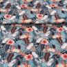 Baumwolljersey Stoff Druck - orangene Blumen, kleine Marienkäfer, grauer Hintergrund | Premium Collection