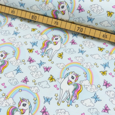 Baumwolljersey Stoff  Digital Druck Einhorn Blumen Regenbogen Wolken Schmetterlinge | by Herzberührt | Neue Kollektion 2024