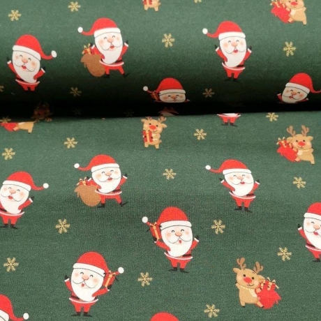 Reststück: grün roter Sweat Stoff Weihnachten Rentier Geschenke Weihnachtsmann; ca. 0,5m
