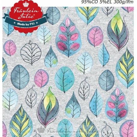 Baumwolljersey Stoff hellgrau meliert mit farbenfrohen Federn / Blätter | Fashion Fabrics by Fräulein von Julie