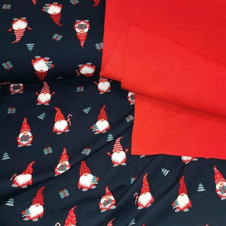 Jersey Stoff Weihnachtswichtel  mit roter Mütze, marineblauer Untergrund, Weihnachten