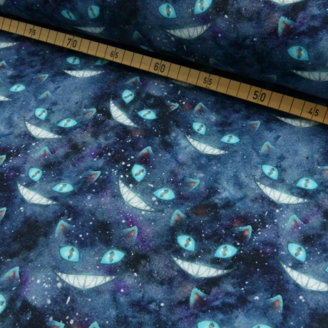 weicher & warmer Alpenfleece Stoff Grinsekatze melange marine blau