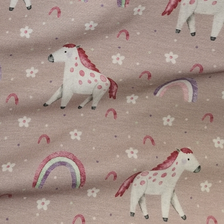 Baumwolljersey Druck Manuel Pferd mit Regenbogen, Blumen auf altrosafarbenem Hintergrund