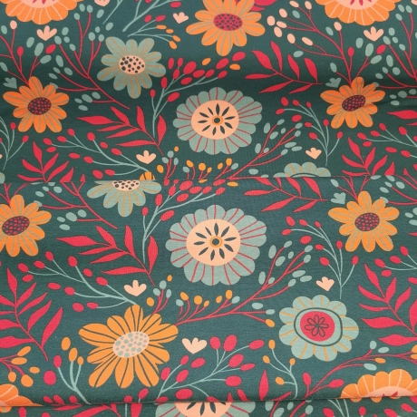 Baumwolljersey Stoff Rabea orangene Blumen petrolfarbener Hintergrund