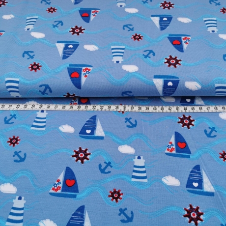 Baumwolljersey Druck Segelboote Anker und Herzen auf blauem Hintergrund | Fräulein von Julie
