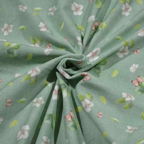 Baumwolljersey Stoff Dina Frühlingswiese mit rosa Blumen auf dunkelmintfarbenem Untergrund | Neue Kollektion 2024