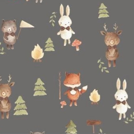 French-Terry Druck kleine Waldtiere Hase, Bär, Fuchs, Hirsch auf dunklem Hintergrund | Fräulein von Julie