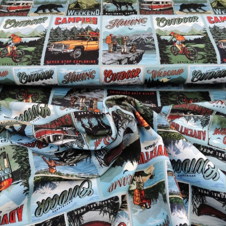 French Terry Stoff Druck Adventure Kacheln mit Comic Camping und Outdoor Motiven