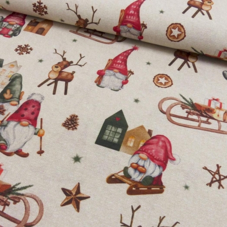 Deko Stoff Druck Weihnachten Wichtel Schlitten Häuser Sterne Rehe