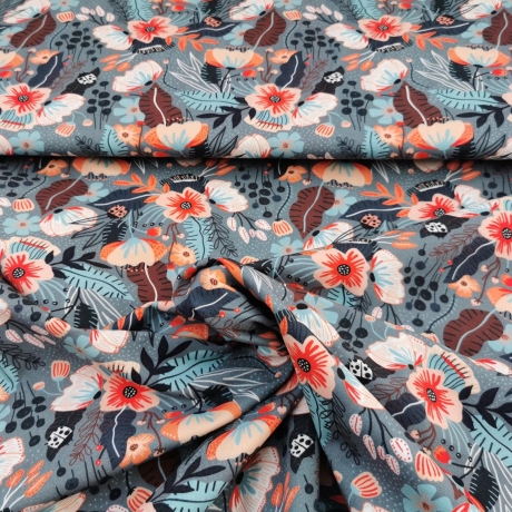 Baumwolljersey Stoff Druck - orangene Blumen, kleine Marienkäfer, grauer Hintergrund | Premium Collection
