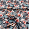 Baumwolljersey Stoff Druck - orangene Blumen, kleine Marienkäfer, grauer Hintergrund | Premium Collection