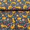 French Terry Stoff Druck orangener Fuchs mit Blüten mit Vögeln, Blüten und Farnen auf marineblauem Hintergrund
