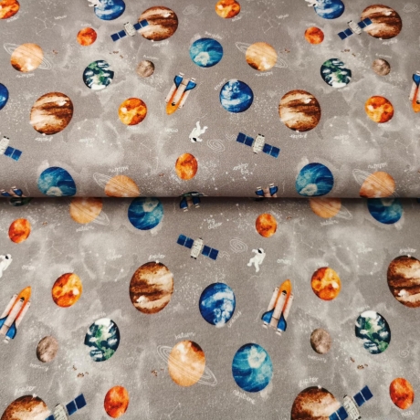 French-Terry Stoff Weltraum mit Raketen, Shuttles, Satelliten und Planeten auf grau | designed by POPPY Europe