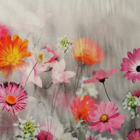Viskosejersey Stoff Panel Blumenwiese rosa, orange, graustufen ca. 75cm lang