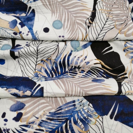 Baumwoll Musselin Stoff  Indigo Leaves blaue, goldene Wedel und Blätter auf weiß