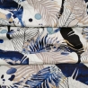 Baumwoll Musselin Stoff  Indigo Leaves blaue, goldene Wedel und Blätter auf weiß