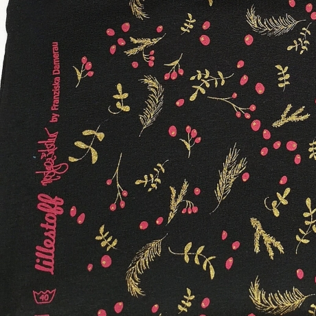 schwarzer weihnachtlicher Bio Jersey Stoff mit rot goldenen Applikationen Blättern Zweigen Früchten, Weihnachten | Lillestoff