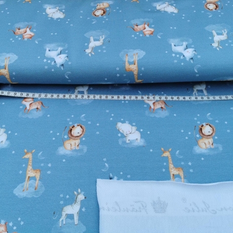 French Terry Stoff blau mit Giraffe, Löwe, Zebra, Nashorn und Elefant | Fräulein von Julie