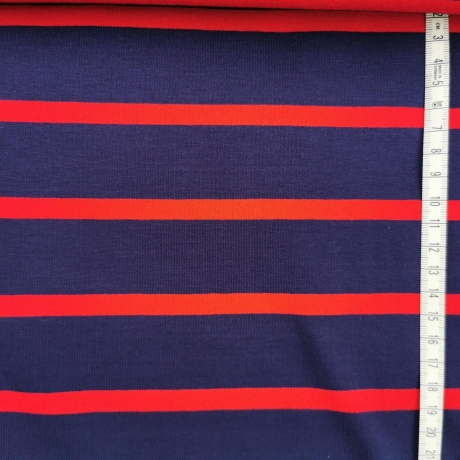 Viskosejersey Stoff blau mit roten Streifen (1cm)