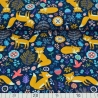 French Terry Stoff Druck orangener Fuchs mit Blüten mit Vögeln, Blüten und Farnen auf marineblauem Hintergrund
