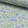weicher & warmer Alpenfleece Druck mit grünen und blauen Dinosauriern auf hellgrauen Hintergrund