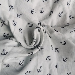 maritimer Musselin Stoff natur mit blauen Ankern - Urlaub am Meer - 100% Baumwolle