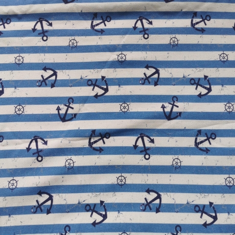 French Terry Stoff Druck Vintage blaue Anker, maritim blau/creme gestreift