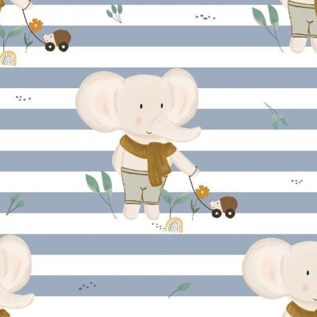 Baumwolljersey Druck kleiner Elefant mit brauner Hose und braunem Schal, auf weißem Grund mit grauen Streifen | Fräulein von Julie