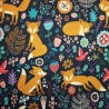 French Terry Stoff Druck orangener Fuchs mit Blüten mit Vögeln, Blüten und Farnen auf marineblauem Hintergrund